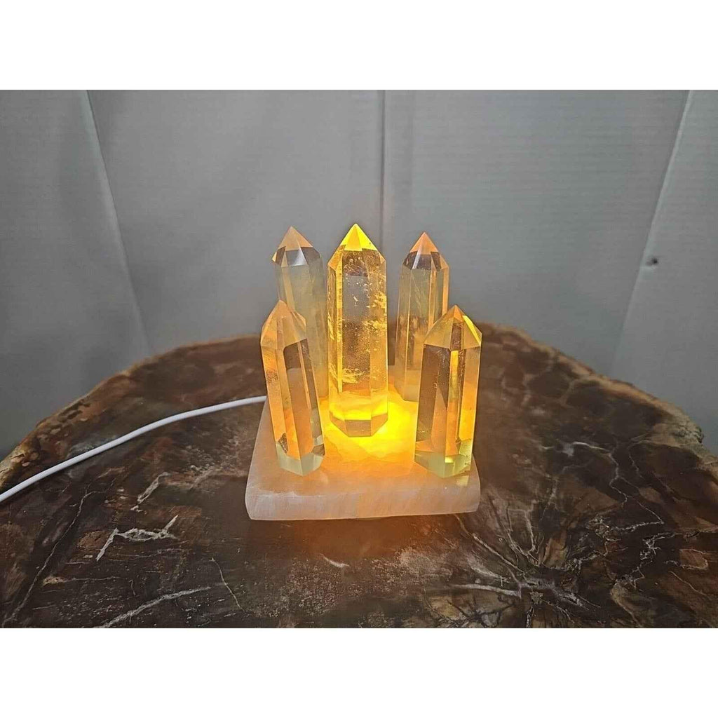 Yellow Smelt Quartz Crystal Points with Selenite Charging Base & LED Display — 5-Piece Set | CrystalCloud Company by CrystalCloud Company