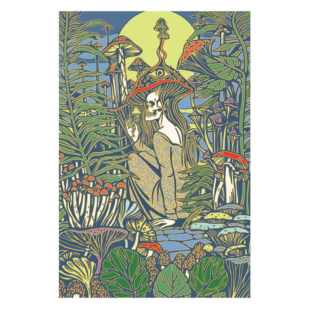 3D Dream Love Tapestry (Feminine Skeleton in Mushroom Forest with Sun) by Sacred Crystals