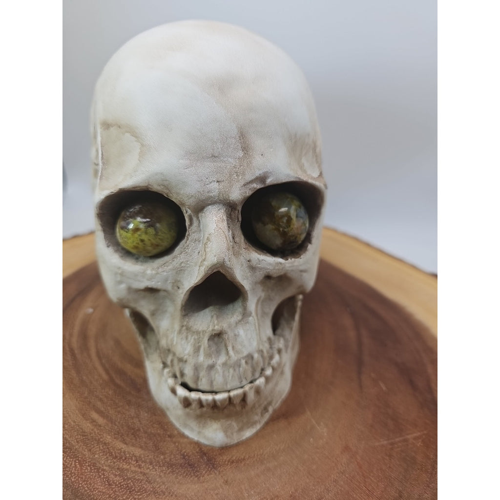 Resin Crystal Skull with Ocean Jasper Quartz Eyes — Collector Art Piece | CrystalCloud Company by CrystalCloud Company