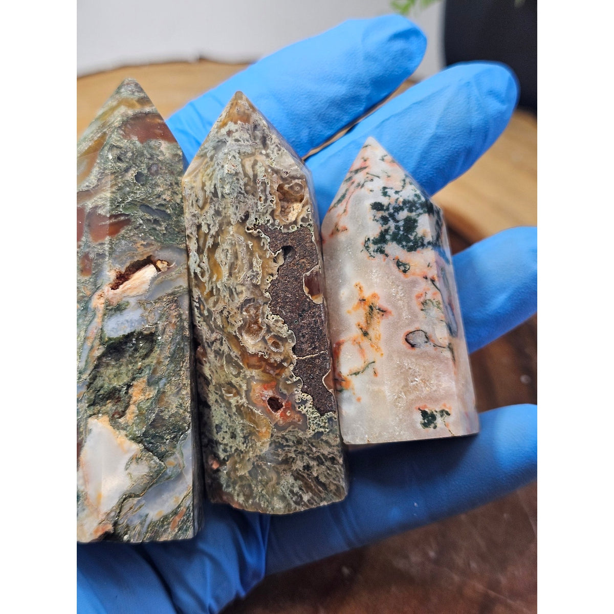 Set of 3 Moss Agate Towers