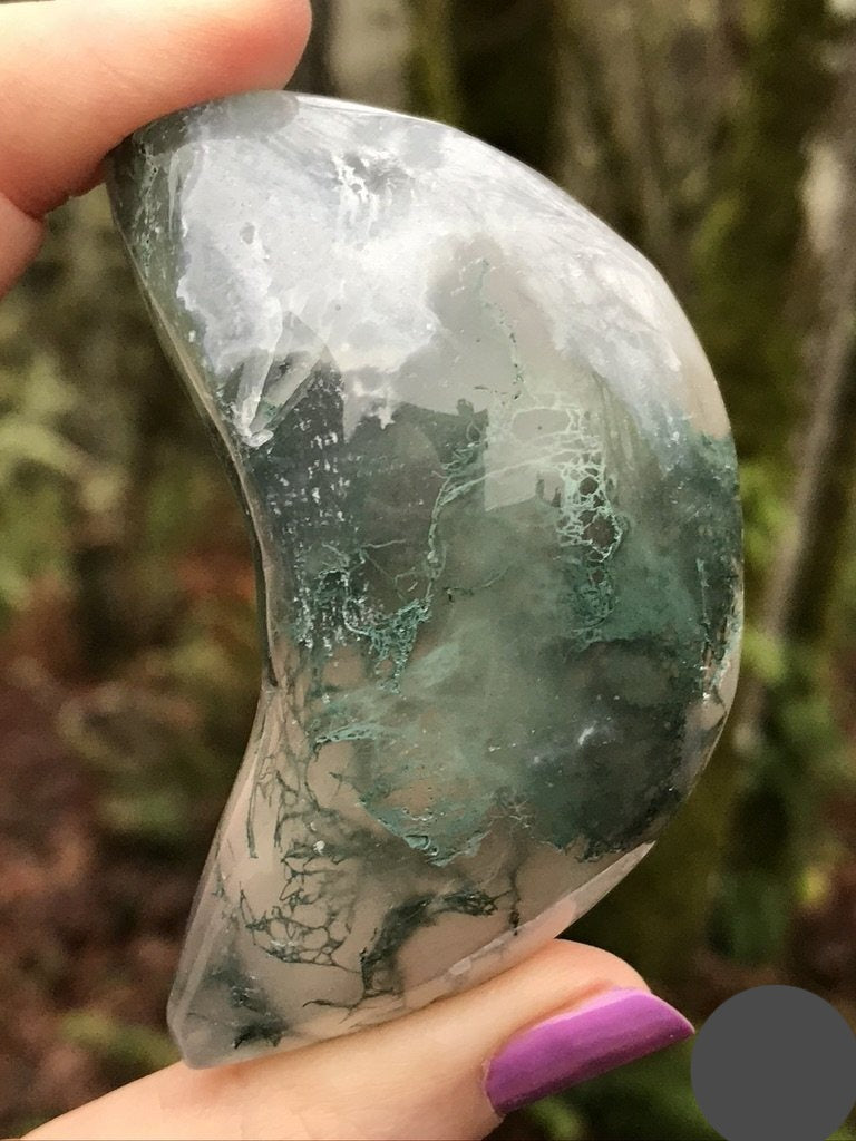 Moss Agate Puffy Moon Palm for Stable Manifesting, Large 3 inches approx