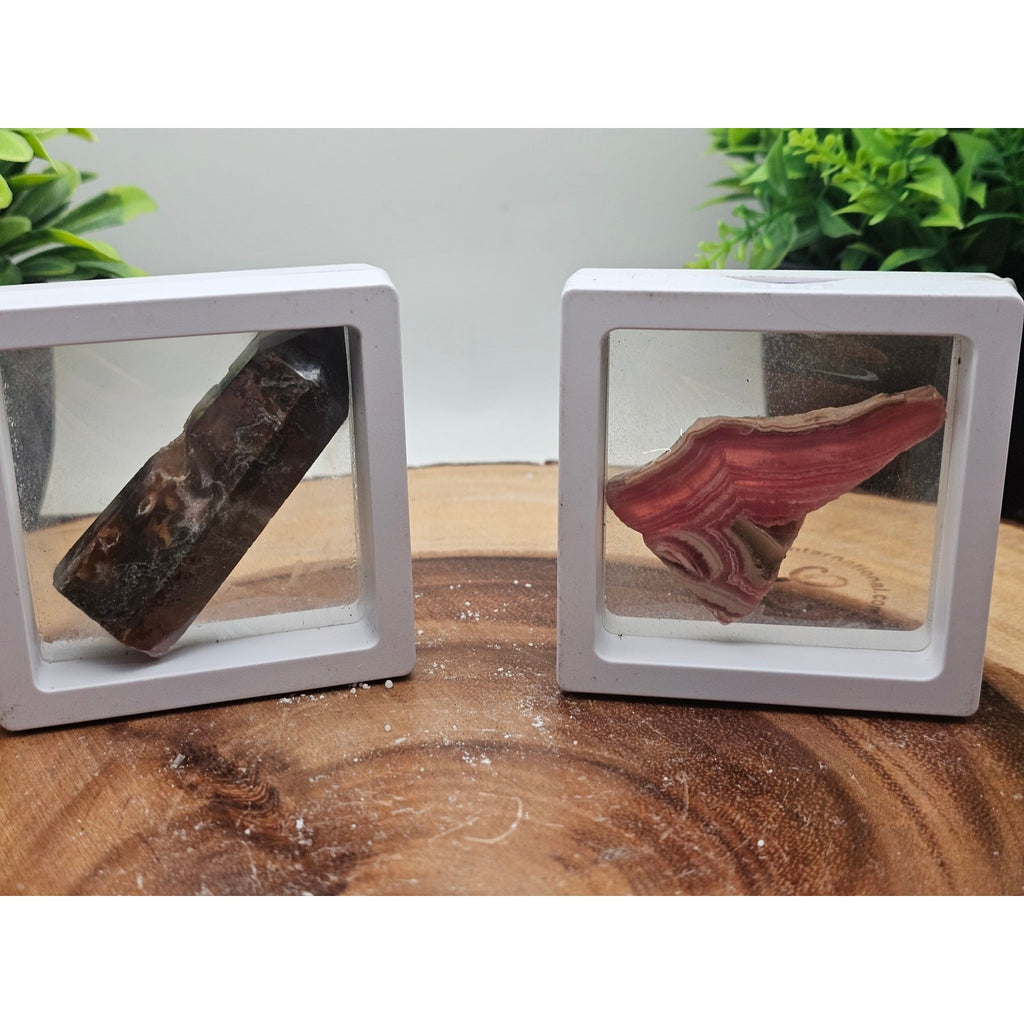 Moss Agate and Pink Banded Stone Set in Floating Display Frames