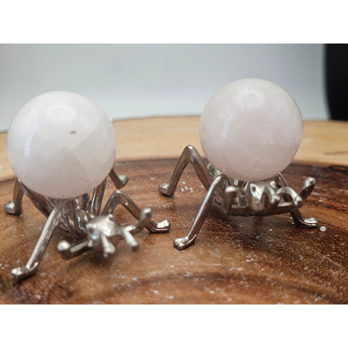 Set of 3 Rose Quartz Spheres on Metal Ant Stands