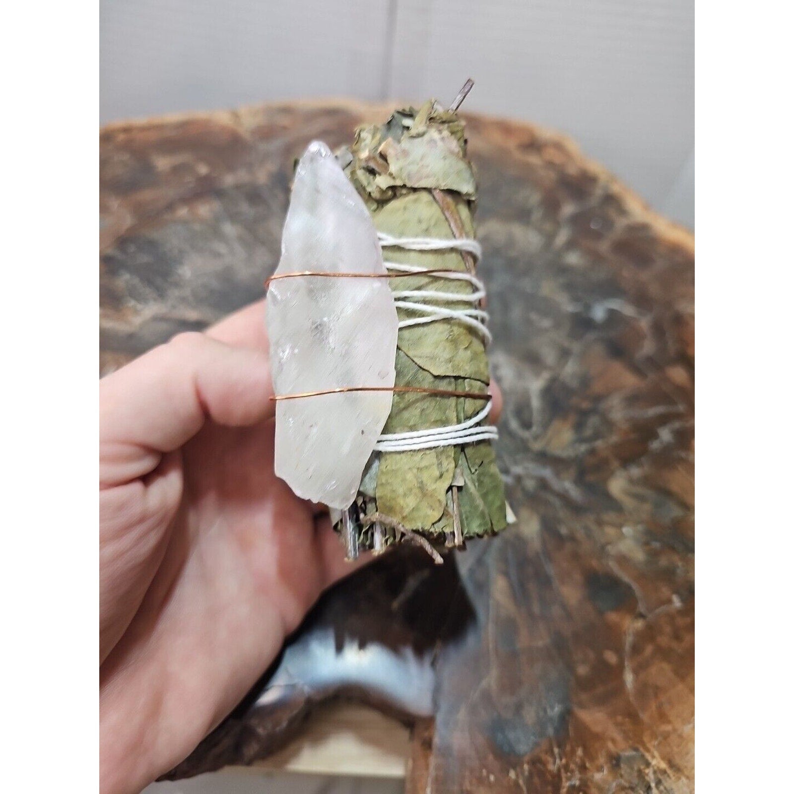 Bay Leaf wrapped crystal W/ Huge White Quartz Healing by CrystalCloud Company