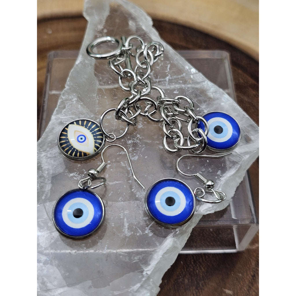 Evil eye bracelet and earrings by CrystalCloud Company