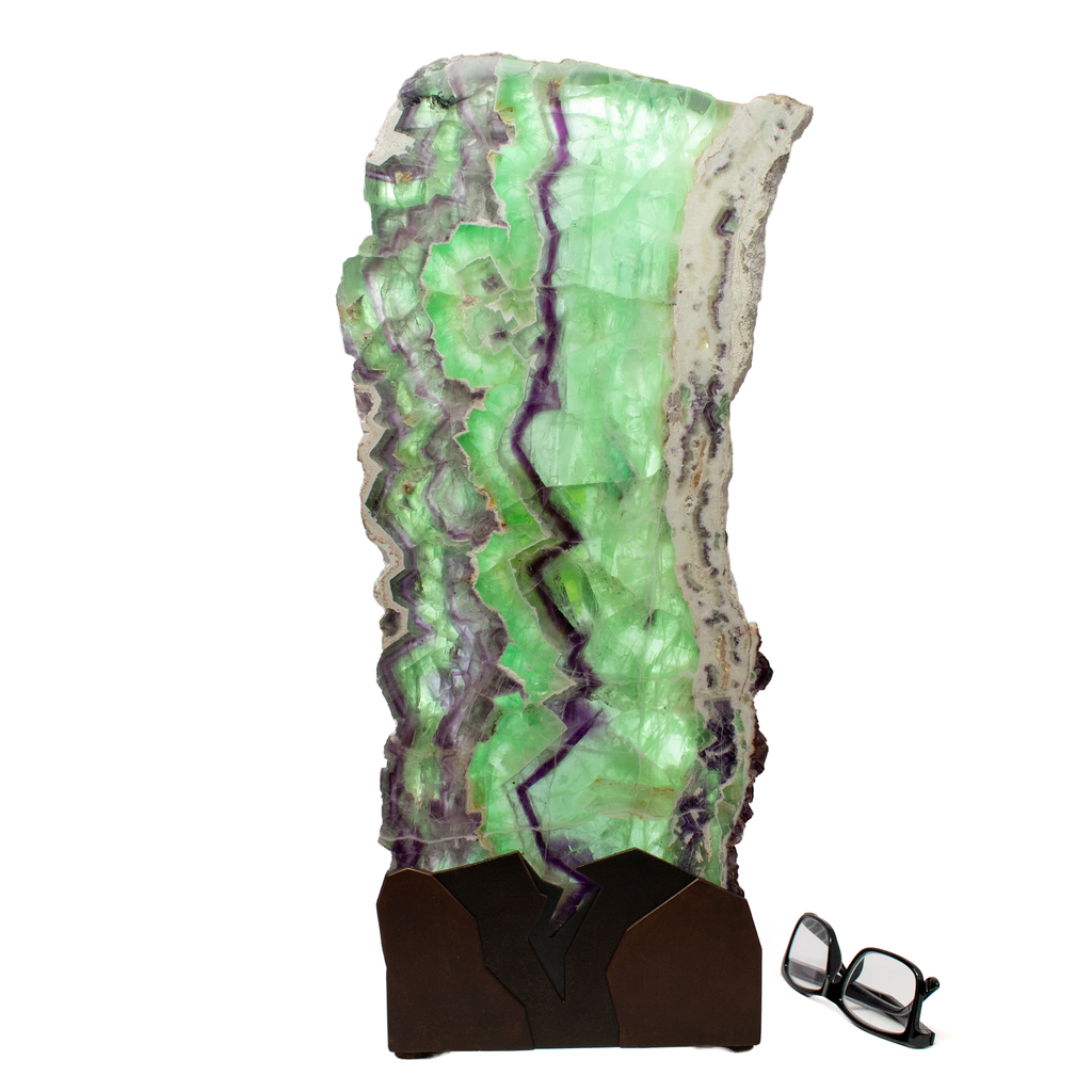 Rainbow Fluorite Table Lamp - Slice Set Vertical with Natural Live Edge