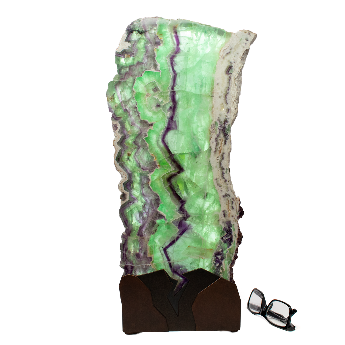 Rainbow Fluorite Table Lamp - Slice Set Vertical with Natural Live Edge