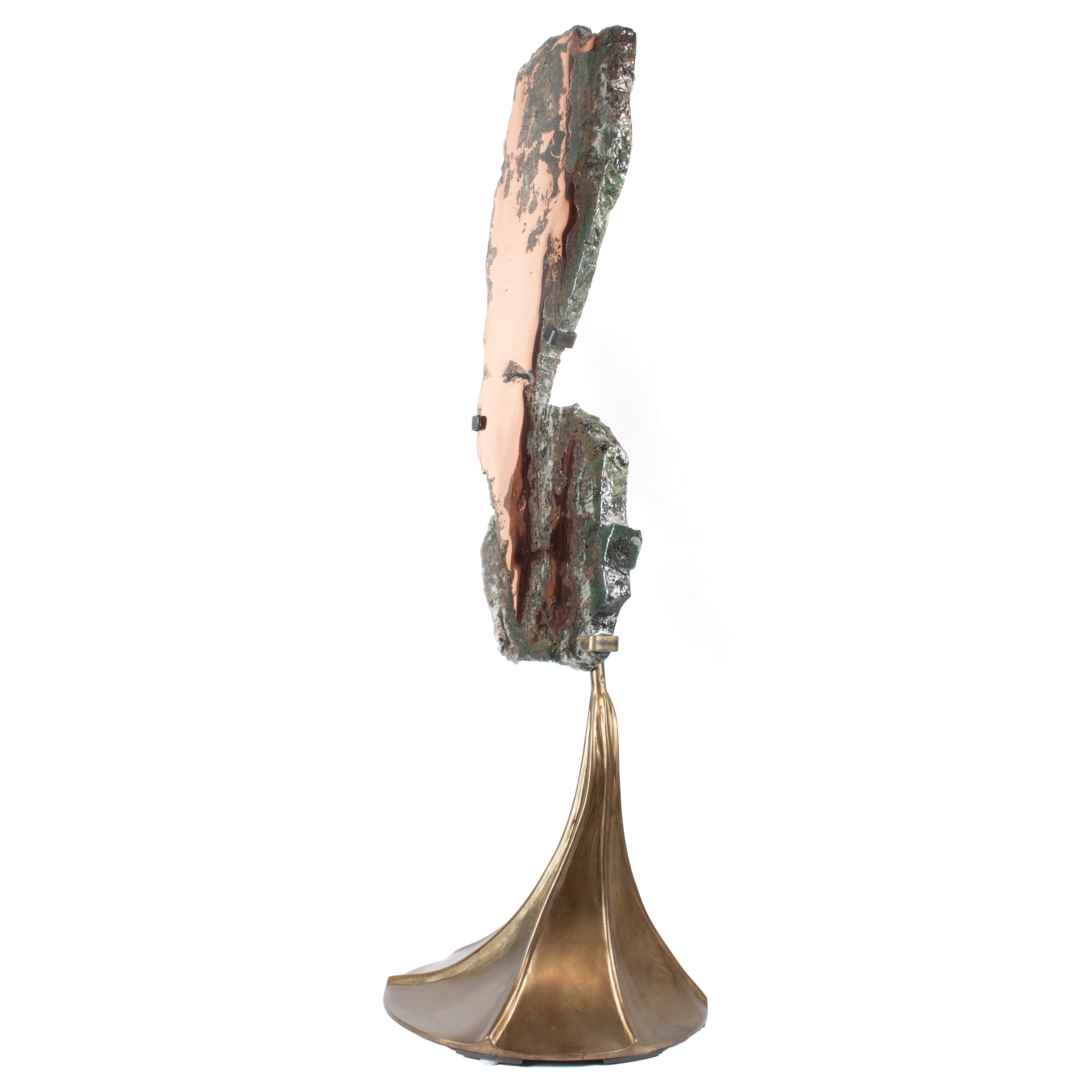 Michigan Copper Slice with Green Matrix on Custom Patina Stand with Textile Flow Desgin - TableTop Size