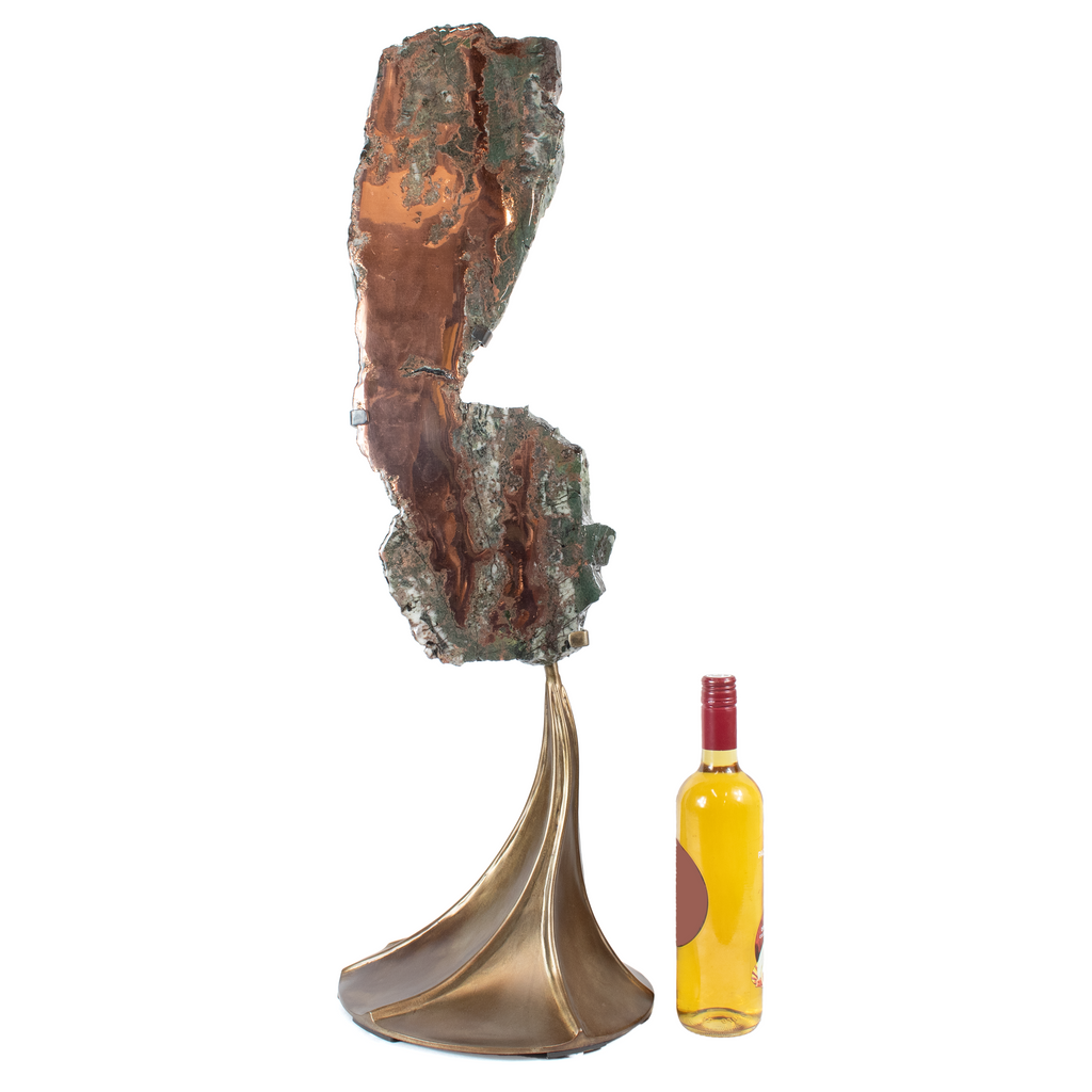 Michigan Copper Slice with Green Matrix on Custom Patina Stand with Textile Flow Desgin - TableTop Size