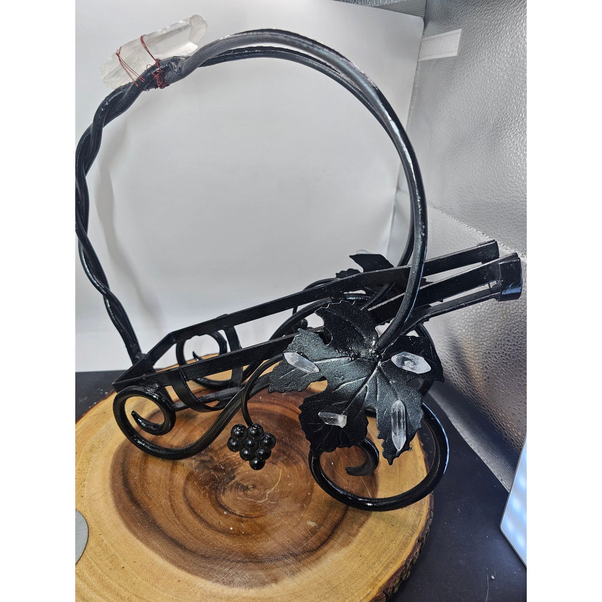Handmade Cast Iron Wire Wine Rack — Vintage Grapevine with Quartz Crystals