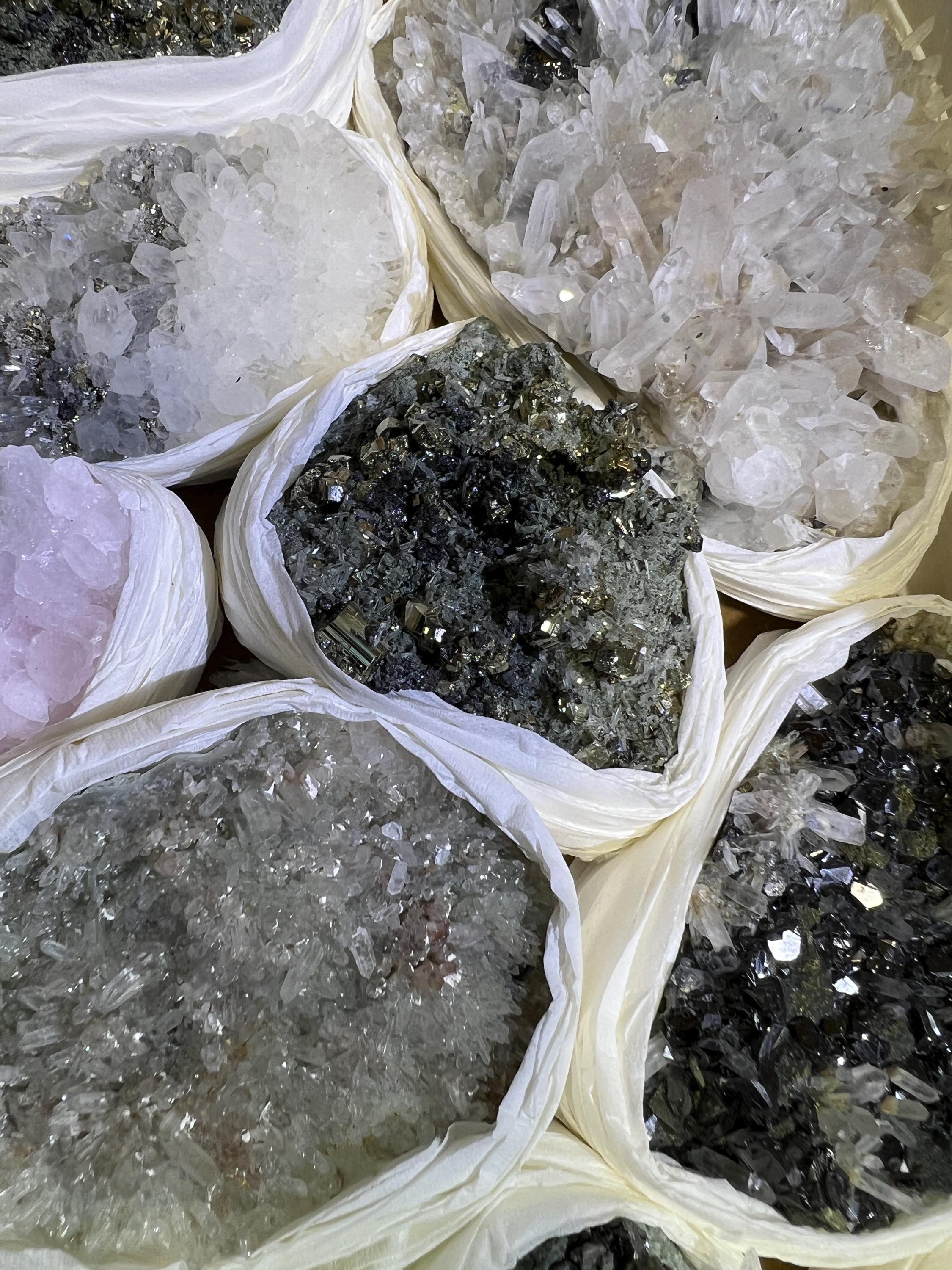 Bolivian Minerals Crystal Mixed Collection (Large 15x10 Inch Flat) Pyrite Sphalerite Galena Quartz Pink Mangano Calcite by Amazing Crystals
