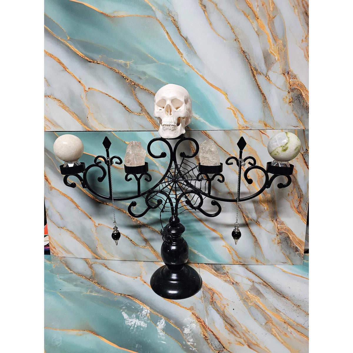 Gothic Skull Candelabra Stand w/ Jasper Spheres & Quartz