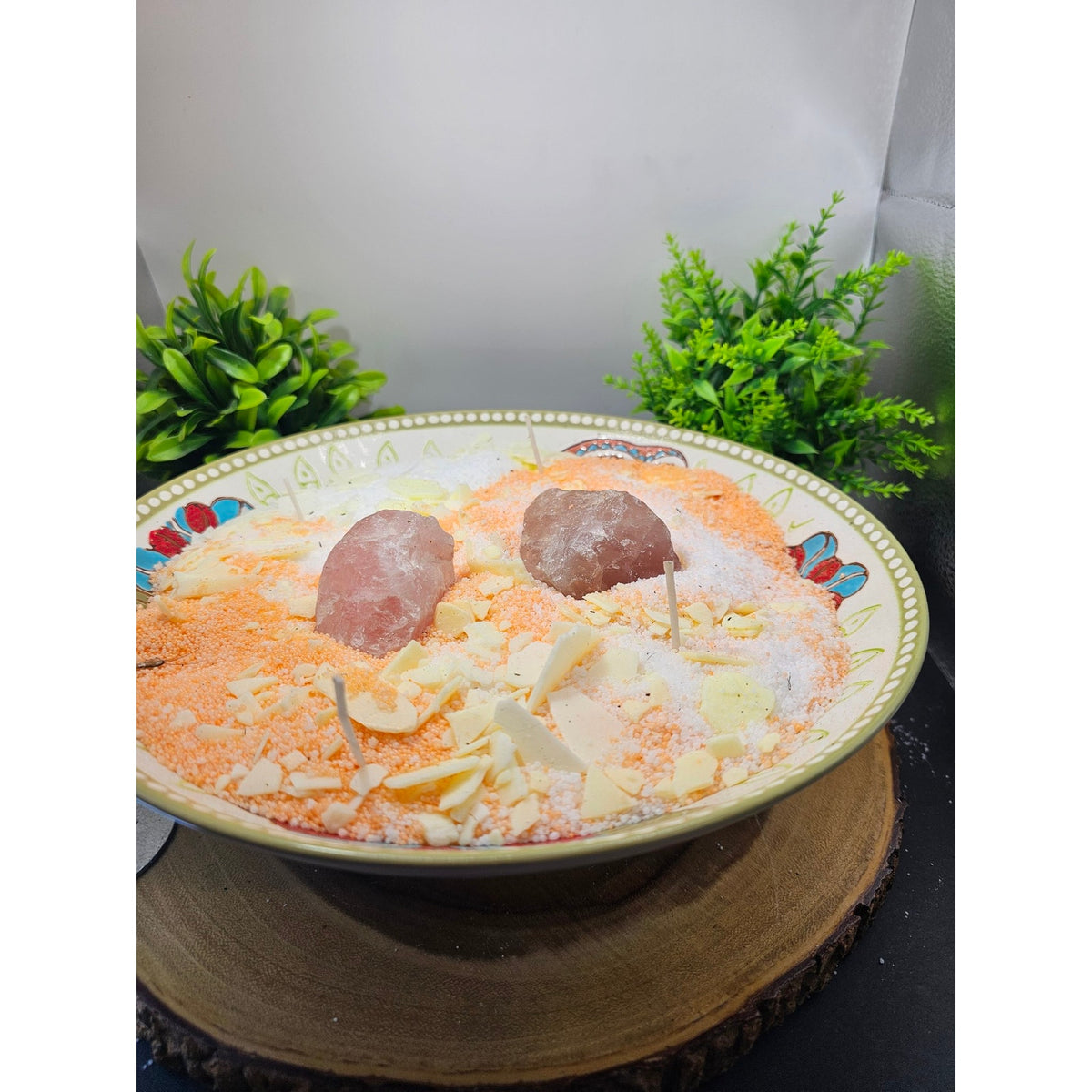 Super Large Handmade Candle — Decorative Ceramic Bowl, Rose Quartz Center Stones, 2lb Pearl Wax, 20 Wicks