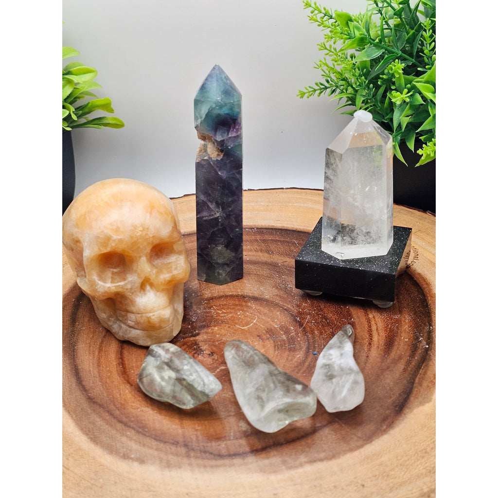 Crystal Collector Set — Orange Calcite Skull, Rainbow Fluorite Tower, Quartz Point on Base + 3 Tumbles