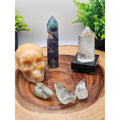 Crystal Collector Set — Orange Calcite Skull, Rainbow Fluorite Tower, Quartz Point on Base + 3 Tumbles