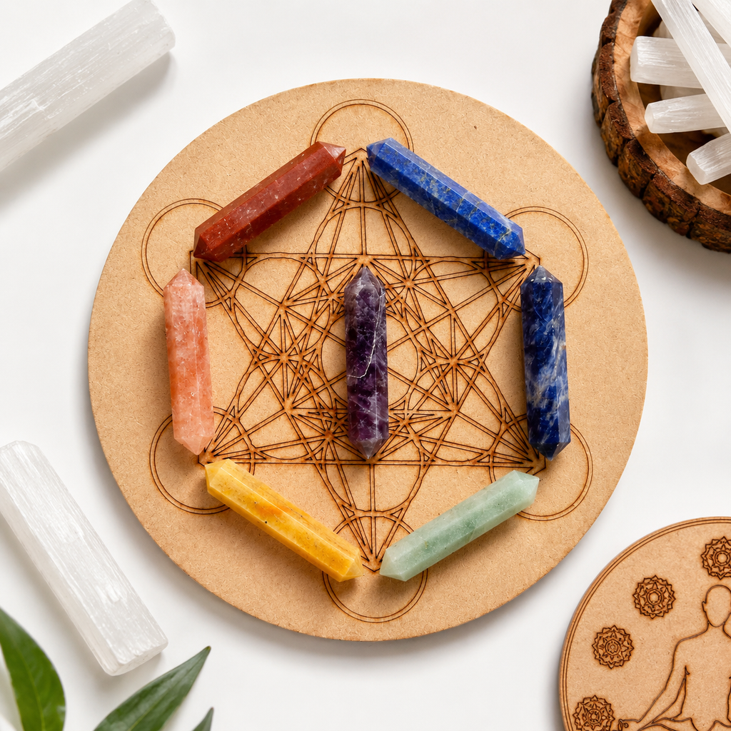 Chakra Crystals Points Set, 7 Chakra Stones Point Set with Wooden Grid Plate, Selenite Log