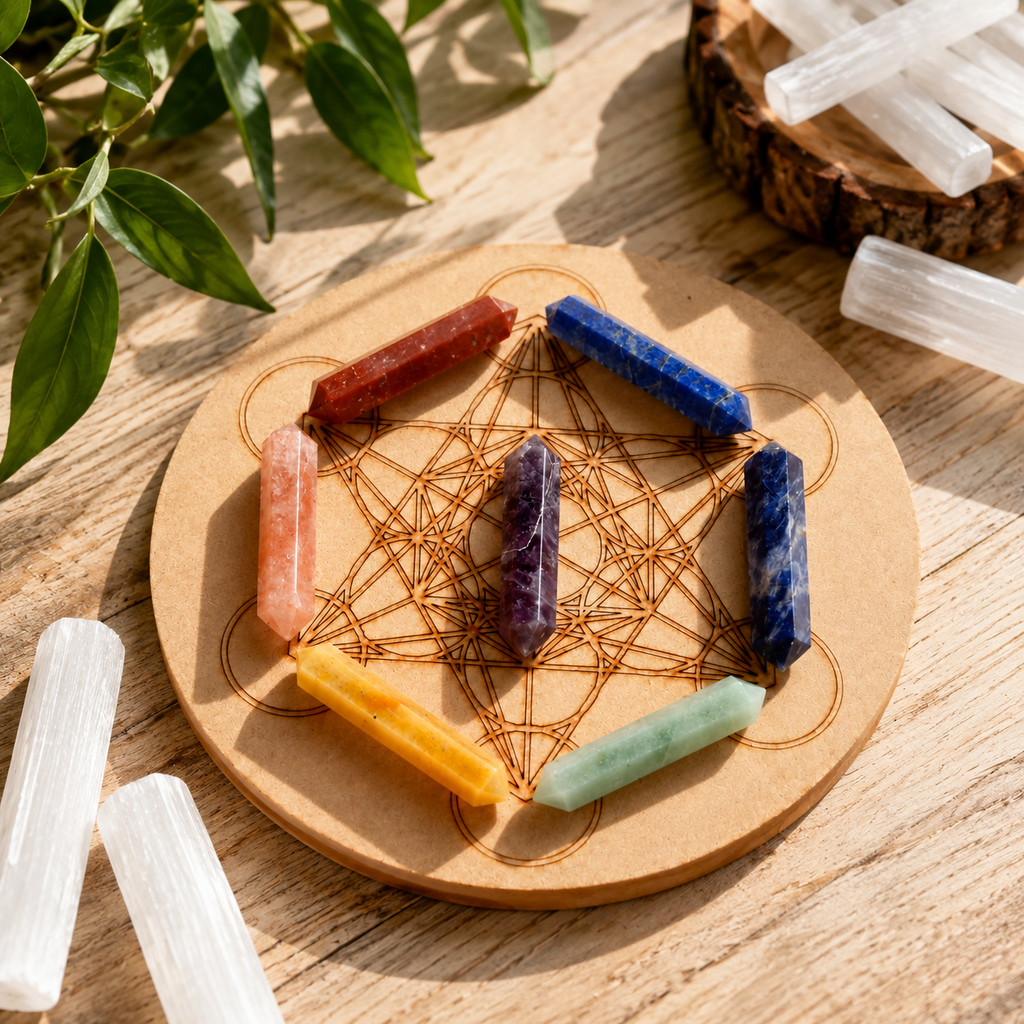 Chakra Crystals Points Set, 7 Chakra Stones Point Set with Wooden Grid Plate, Selenite Log