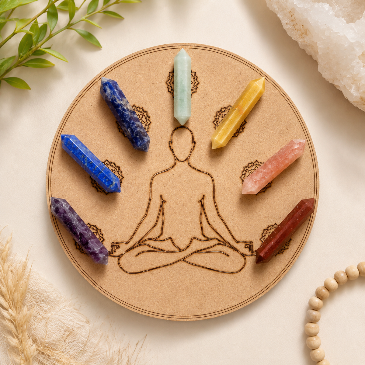 Chakra Crystals Points Set, 7 Chakra Stones Point Set with Wooden Grid Plate, Selenite Log