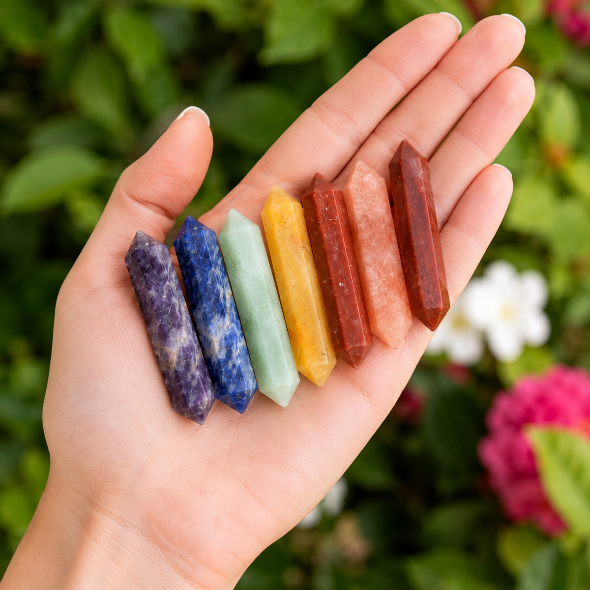 Chakra Crystals Points Set, 7 Chakra Stones Point Set with Wooden Grid Plate, Selenite Log