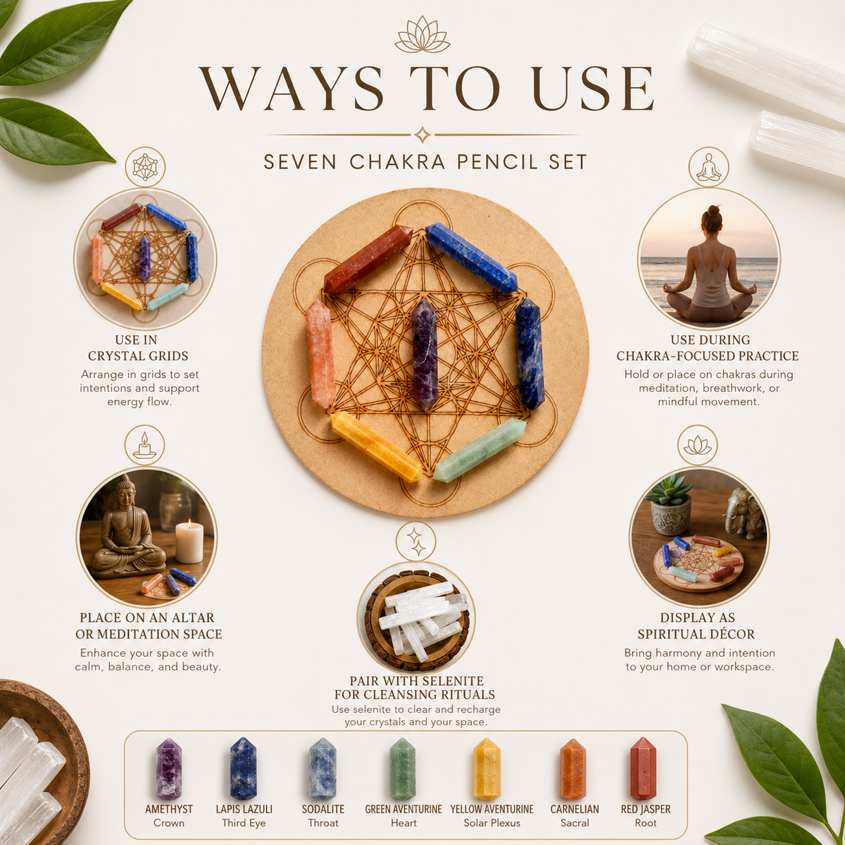 Chakra Crystals Points Set, 7 Chakra Stones Point Set with Wooden Grid Plate, Selenite Log
