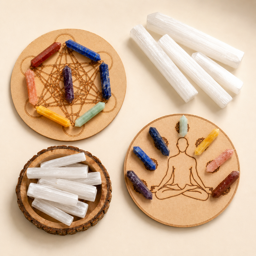 Chakra Crystals Points Set, 7 Chakra Stones Point Set with Wooden Grid Plate, Selenite Log
