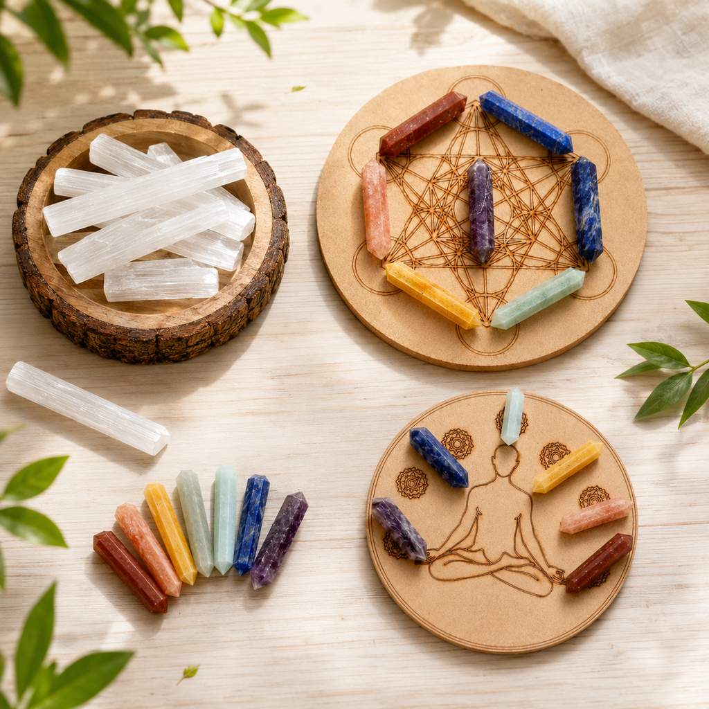 Chakra Crystals Points Set, 7 Chakra Stones Point Set with Wooden Grid Plate, Selenite Log
