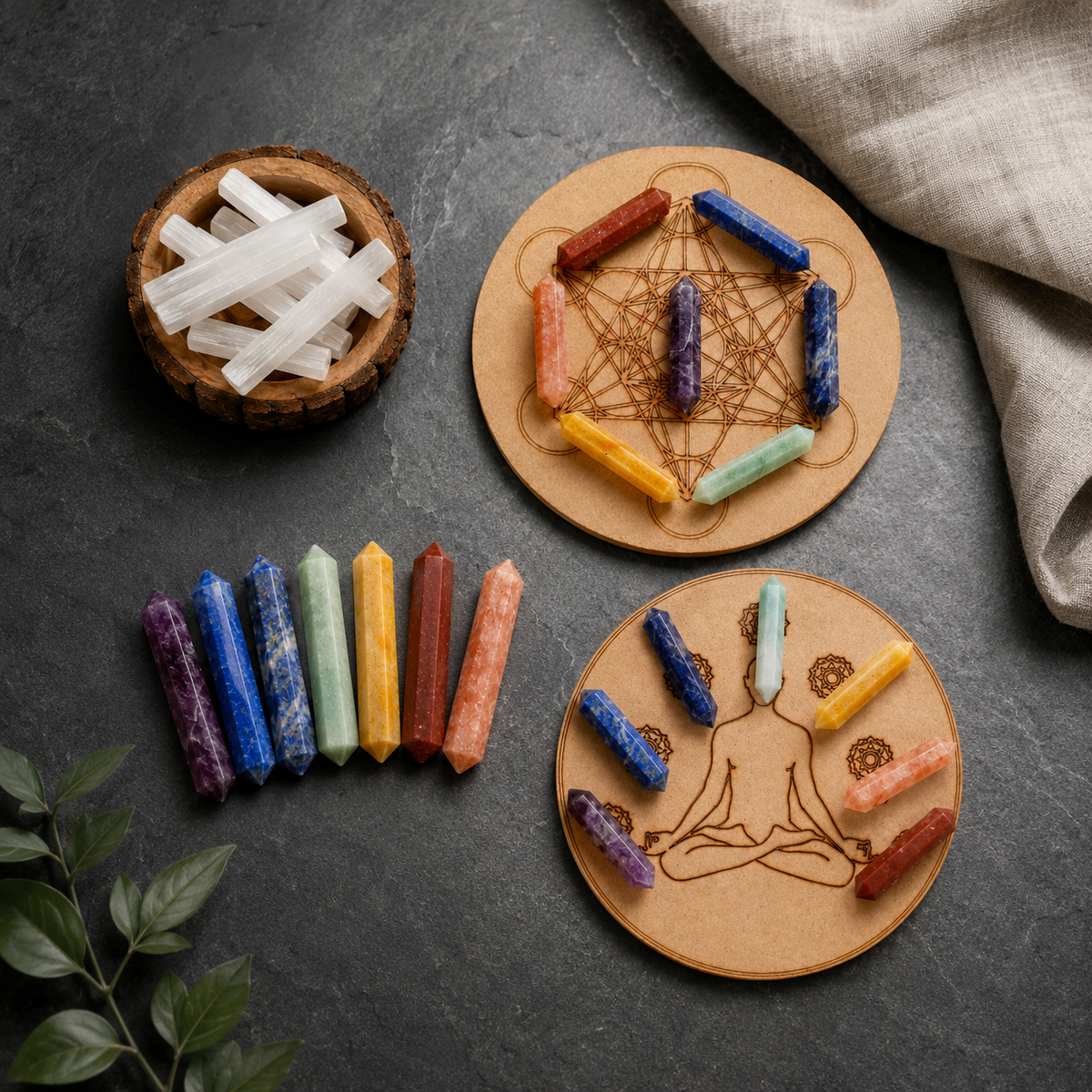 Chakra Crystals Points Set, 7 Chakra Stones Point Set with Wooden Grid Plate, Selenite Log