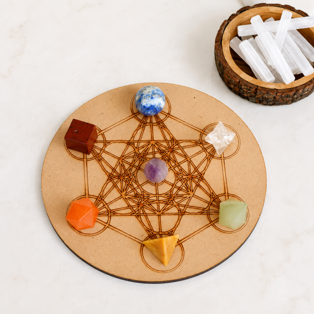 Chakra Crystals Geometric Set, 7 Chakra Plato Stones with Wooden Grid Plate, Selenite Log