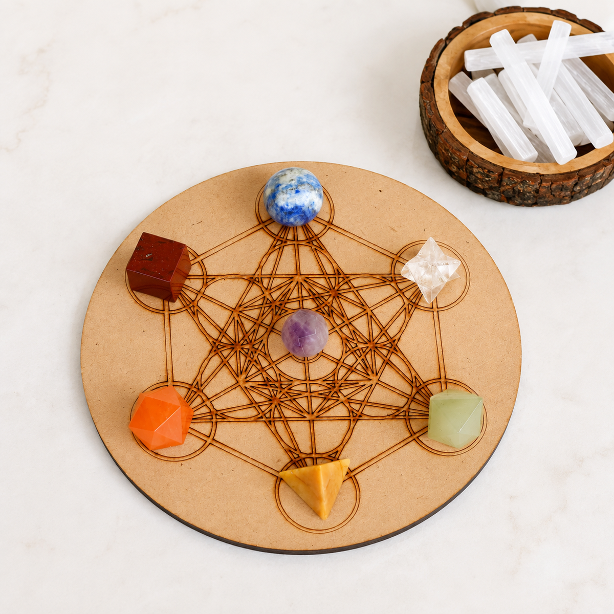 Chakra Crystals Geometric Set, 7 Chakra Plato Stones with Wooden Grid Plate, Selenite Log