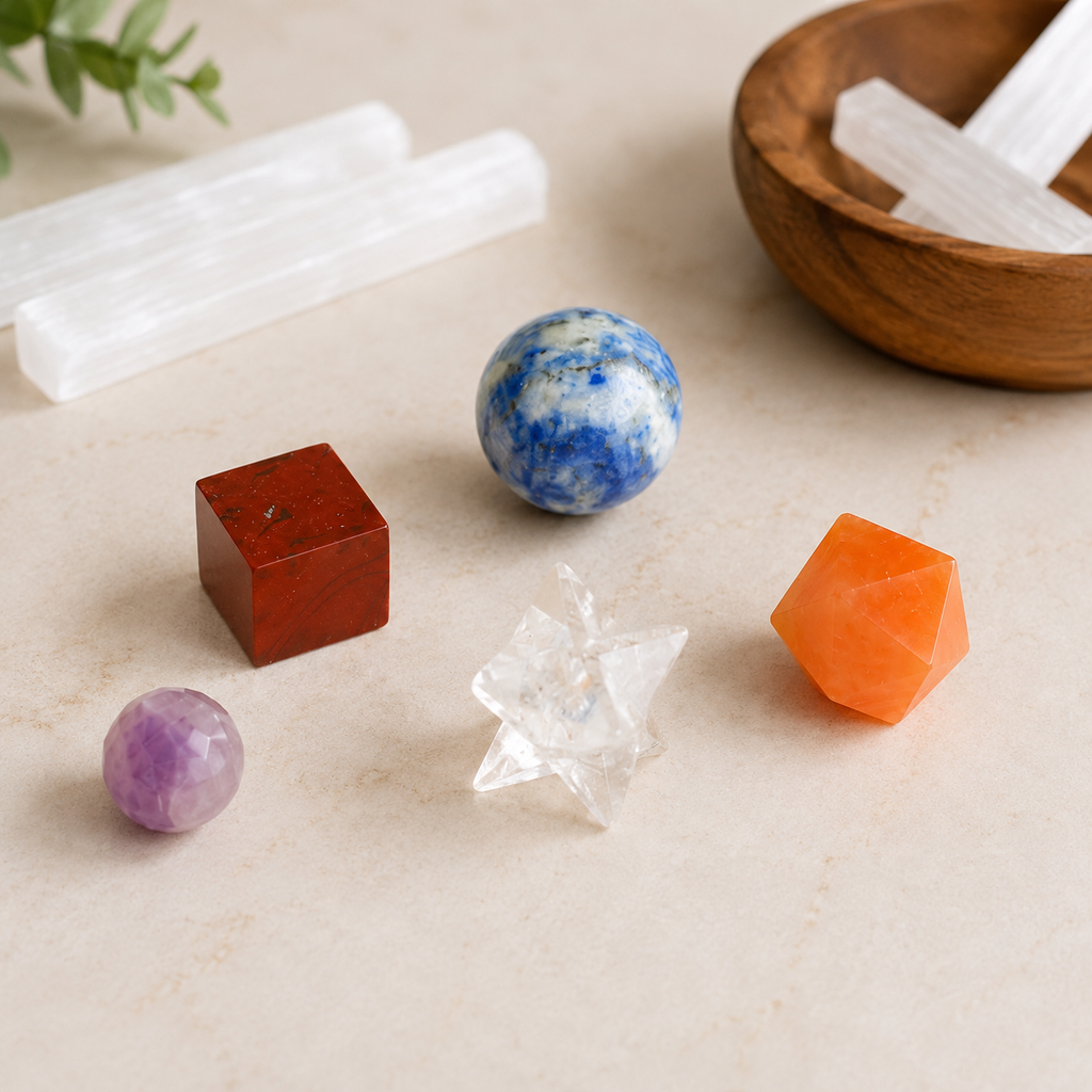 Chakra Crystals Geometric Set, 7 Chakra Plato Stones with Wooden Grid Plate, Selenite Log