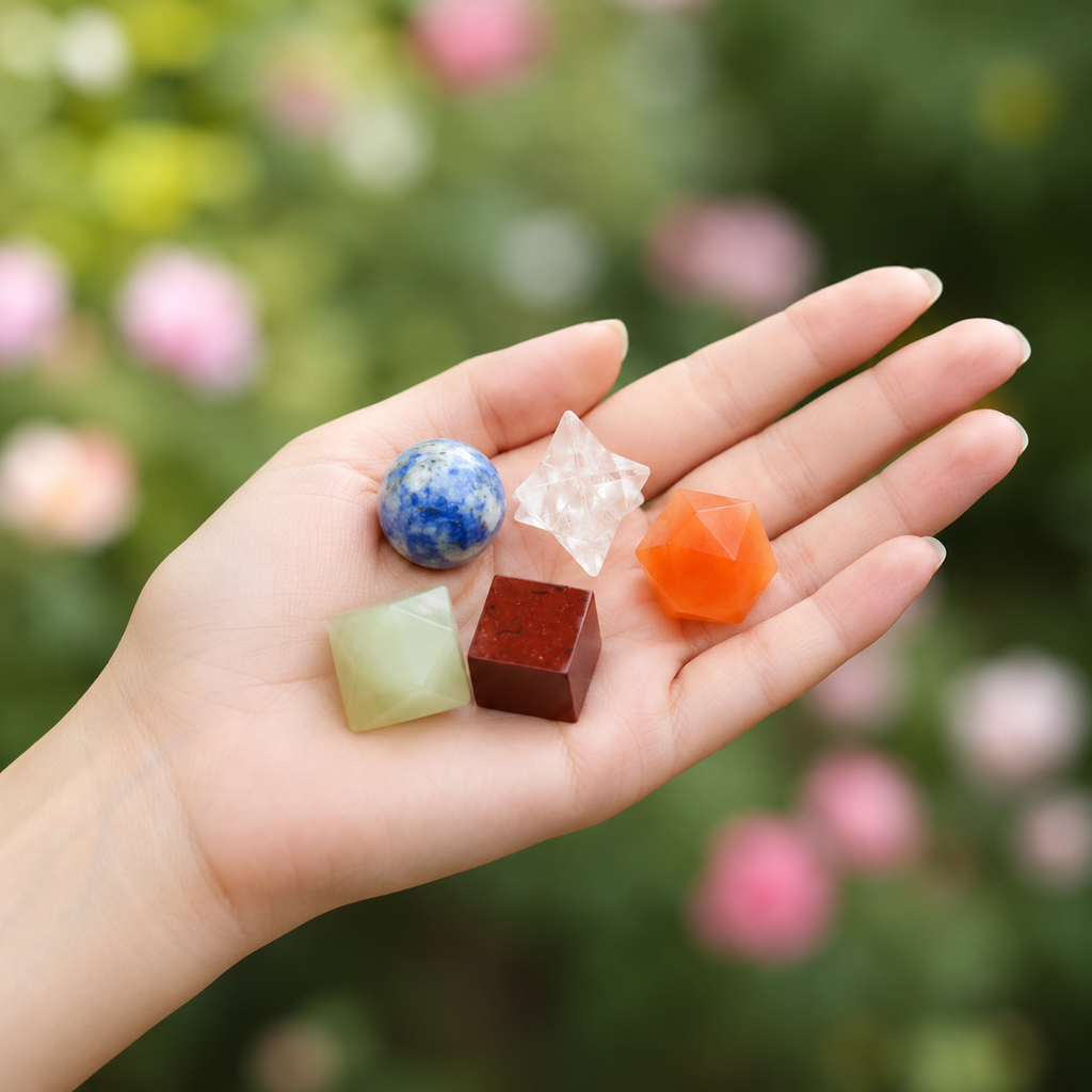 Chakra Crystals Geometric Set, 7 Chakra Plato Stones with Wooden Grid Plate, Selenite Log