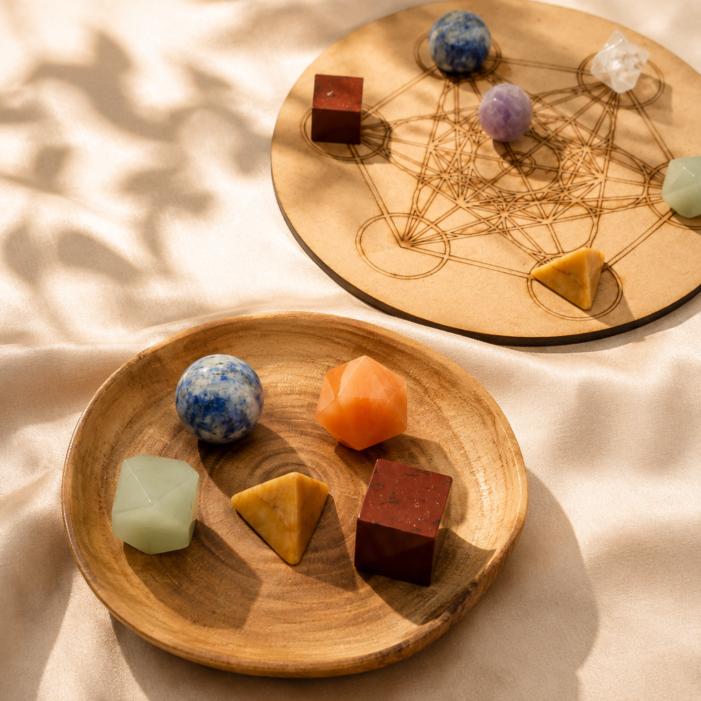 Chakra Crystals Geometric Set, 7 Chakra Plato Stones with Wooden Grid Plate, Selenite Log