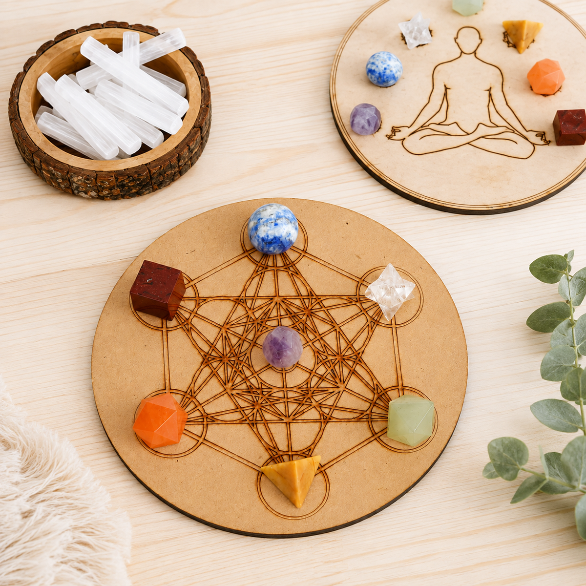 Chakra Crystals Geometric Set, 7 Chakra Plato Stones with Wooden Grid Plate, Selenite Log