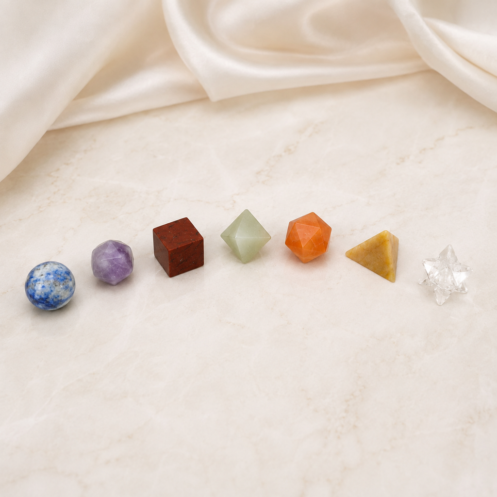 Chakra Crystals Geometric Set, 7 Chakra Plato Stones with Wooden Grid Plate, Selenite Log