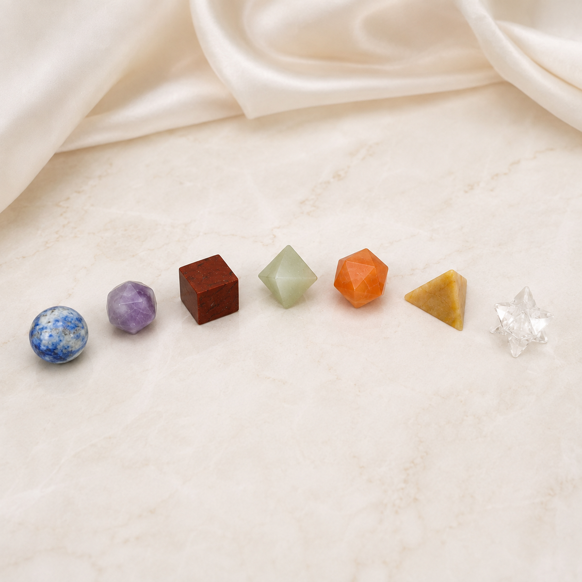 Chakra Crystals Geometric Set, 7 Chakra Plato Stones with Wooden Grid Plate, Selenite Log
