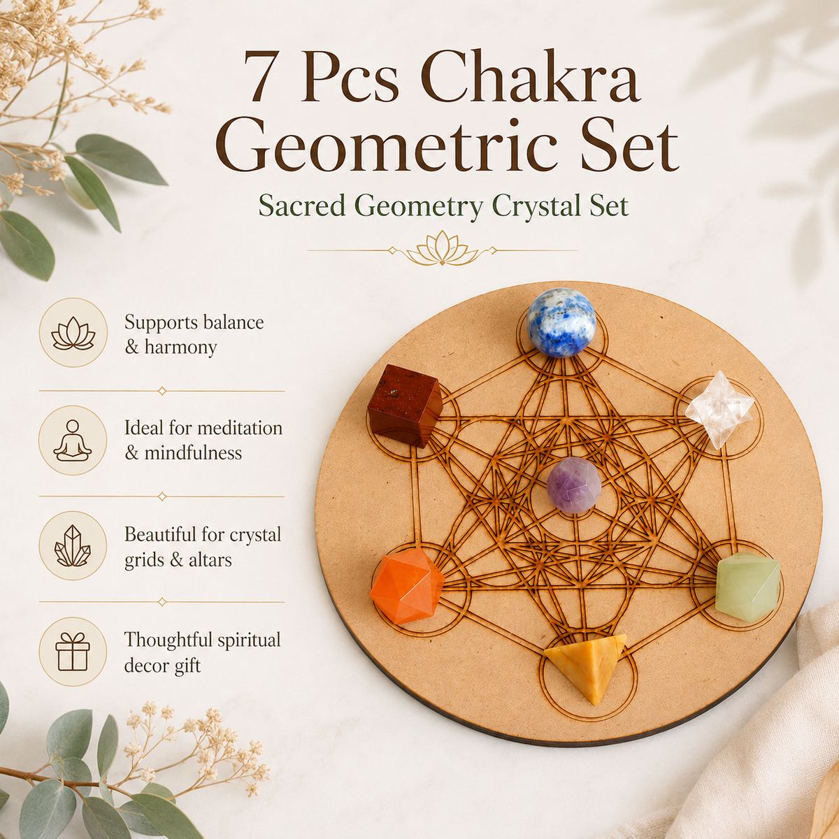 Chakra Crystals Geometric Set, 7 Chakra Plato Stones with Wooden Grid Plate, Selenite Log
