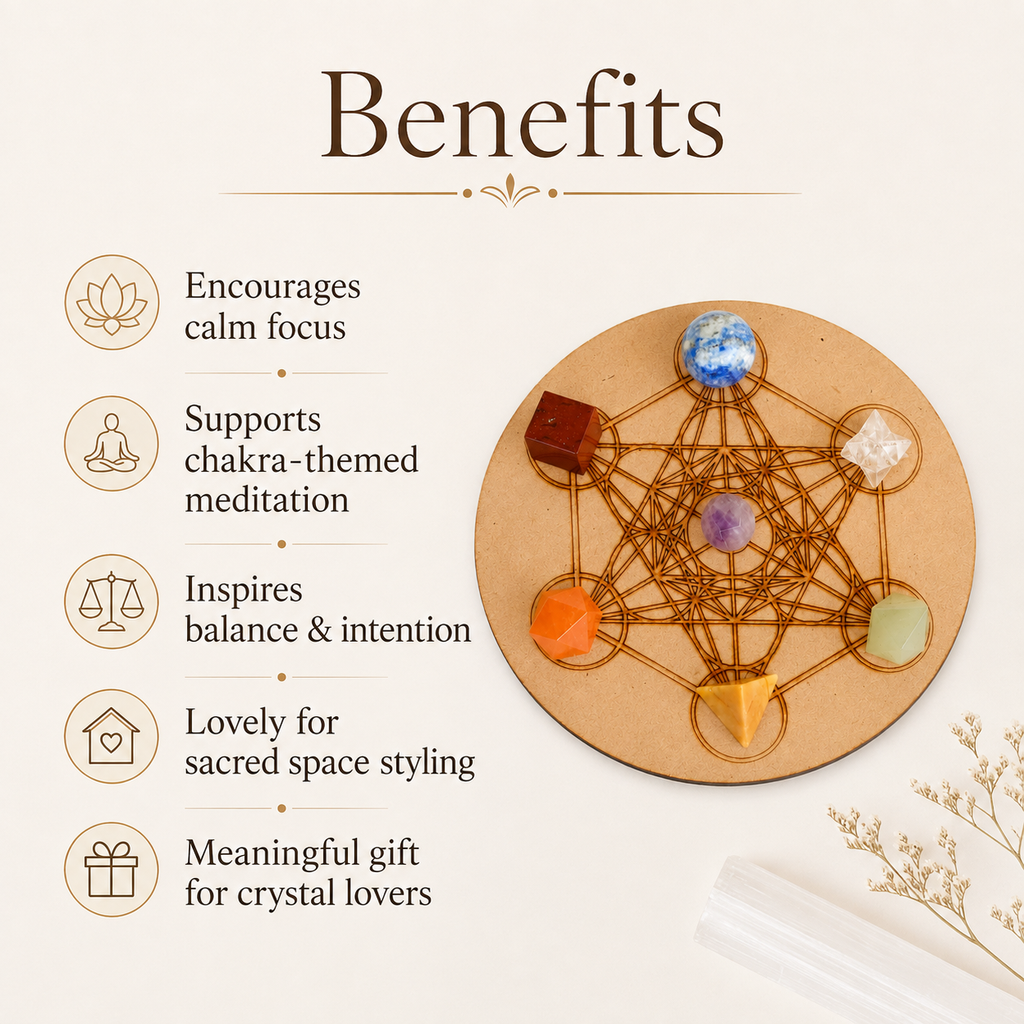 Chakra Crystals Geometric Set, 7 Chakra Plato Stones with Wooden Grid Plate, Selenite Log