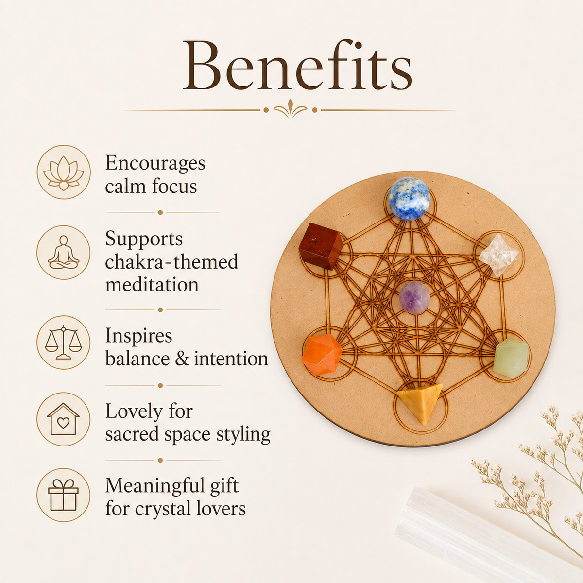Chakra Crystals Geometric Set, 7 Chakra Plato Stones with Wooden Grid Plate, Selenite Log