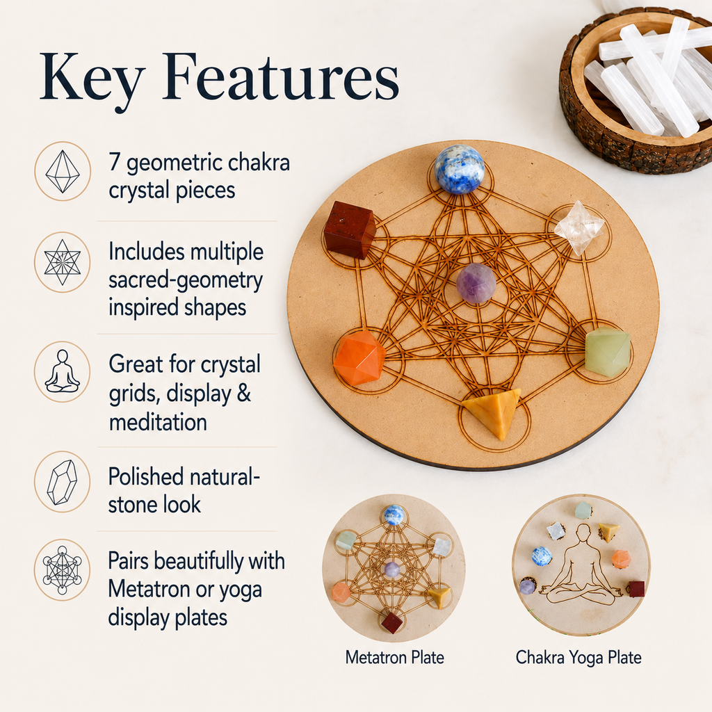 Chakra Crystals Geometric Set, 7 Chakra Plato Stones with Wooden Grid Plate, Selenite Log