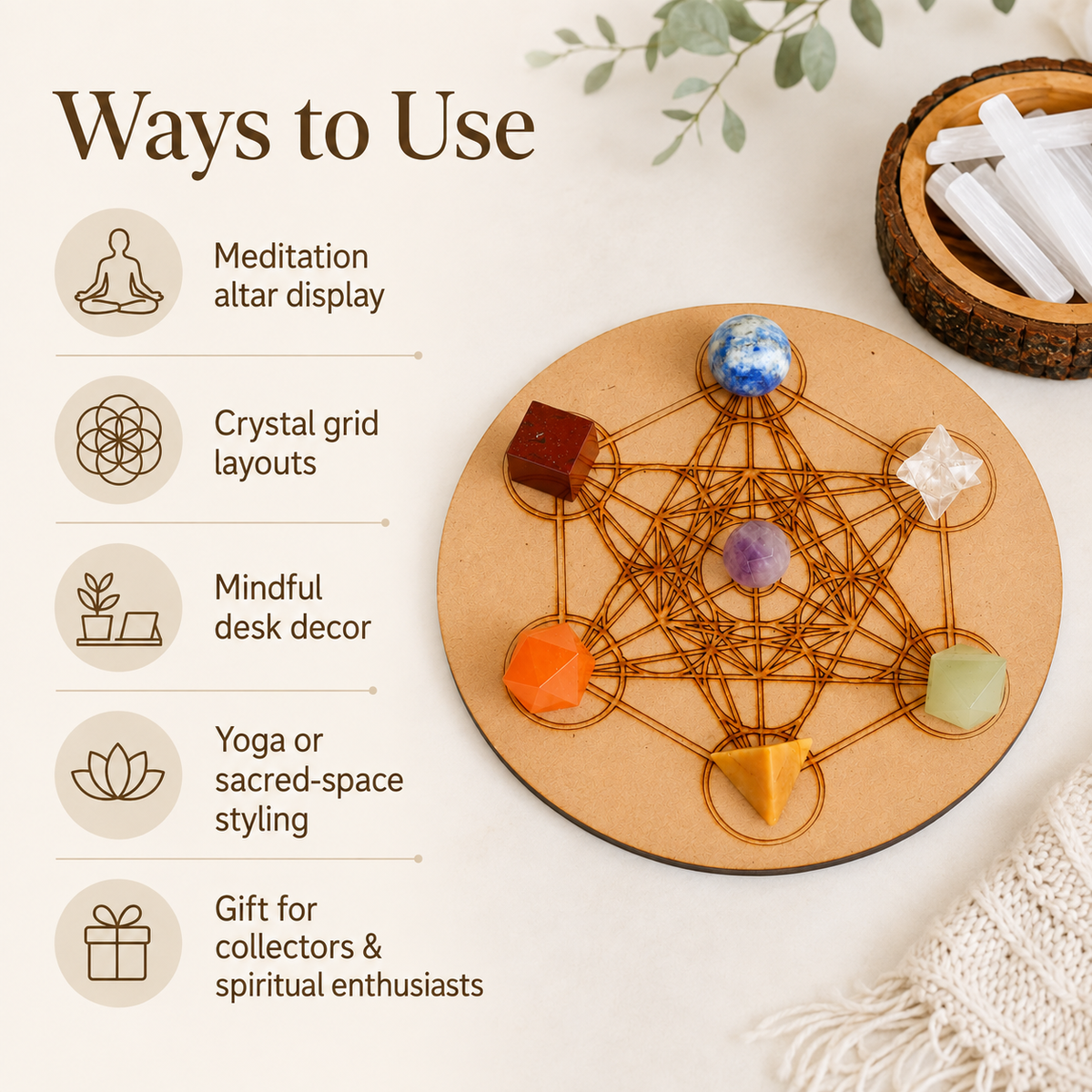 Chakra Crystals Geometric Set, 7 Chakra Plato Stones with Wooden Grid Plate, Selenite Log