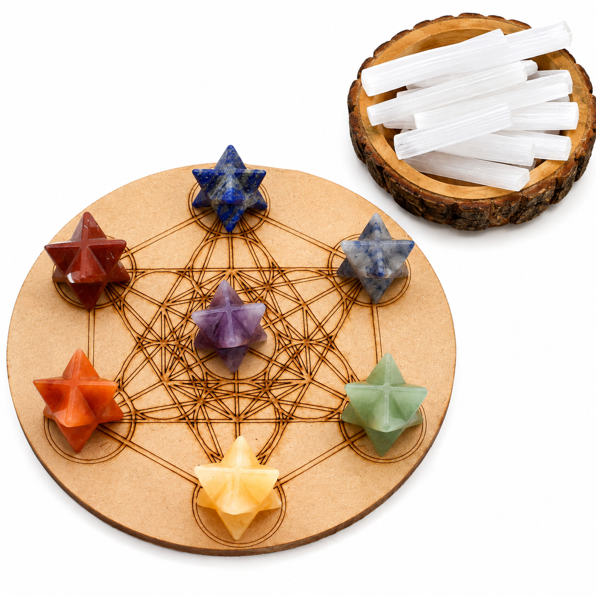 7 Chakra Merkaba Set,  Chakra Crystals Set with Wooden Grid Plate, Selenite Log
