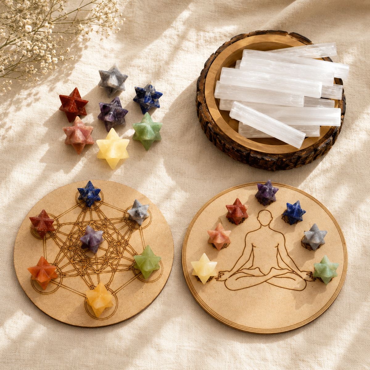 7 Chakra Merkaba Set,  Chakra Crystals Set with Wooden Grid Plate, Selenite Log