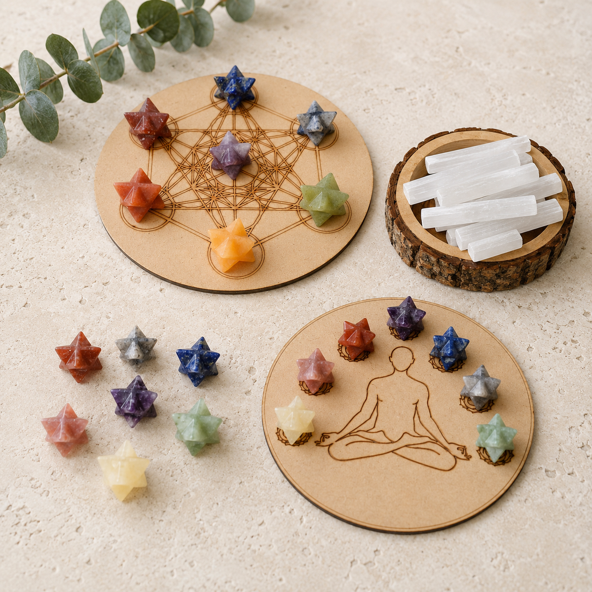 7 Chakra Merkaba Set,  Chakra Crystals Set with Wooden Grid Plate, Selenite Log