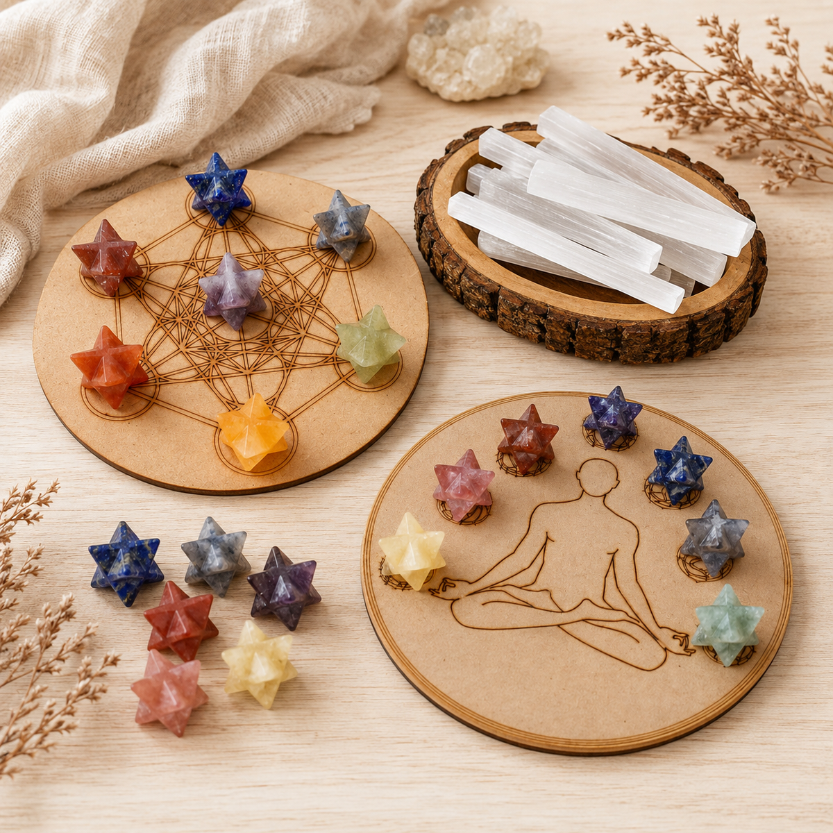 7 Chakra Merkaba Set,  Chakra Crystals Set with Wooden Grid Plate, Selenite Log