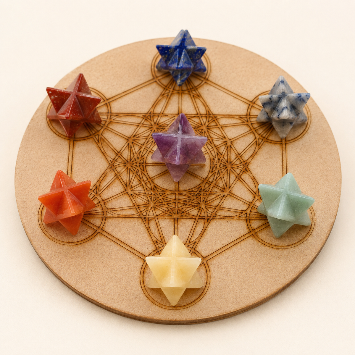 7 Chakra Merkaba Set,  Chakra Crystals Set with Wooden Grid Plate, Selenite Log