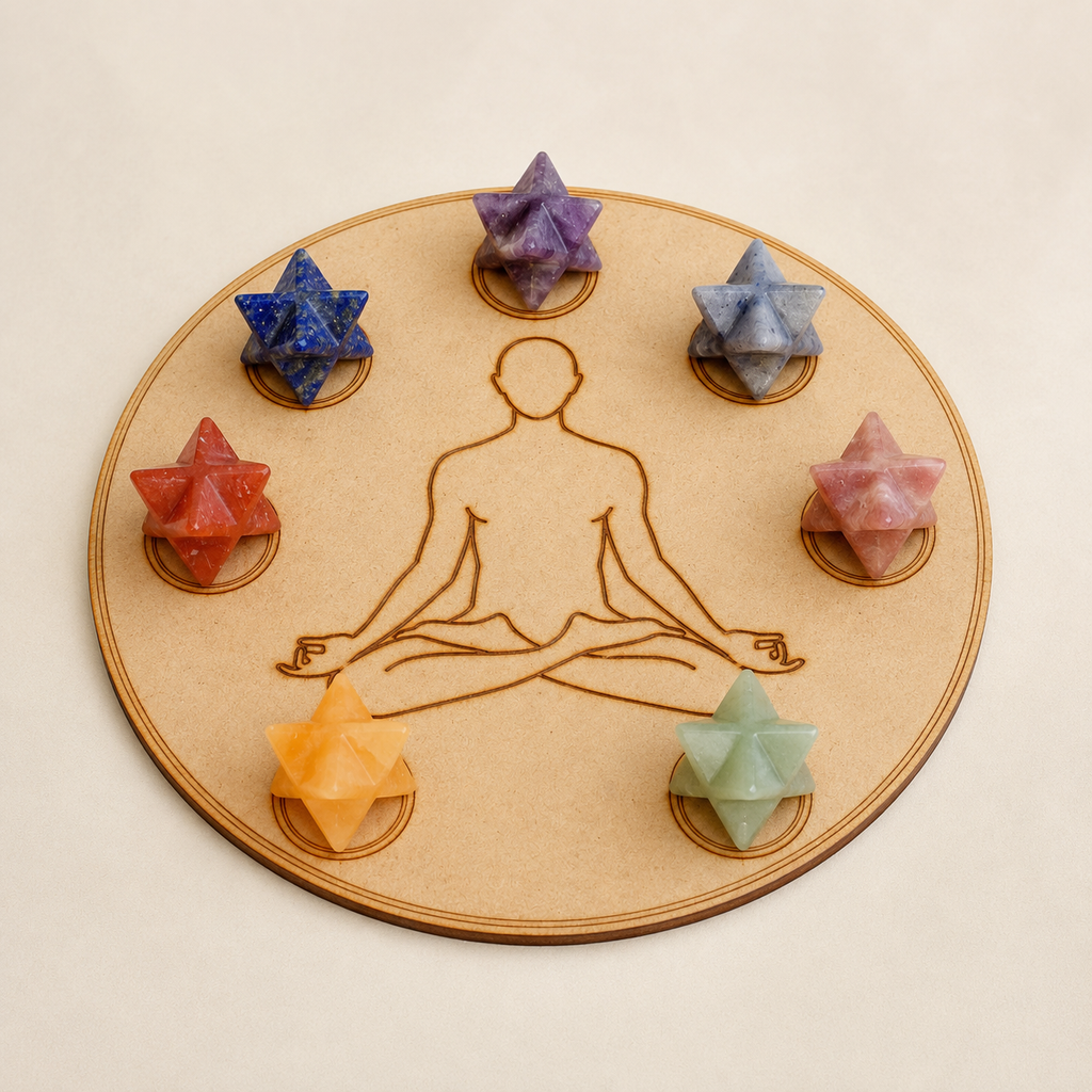 7 Chakra Merkaba Set,  Chakra Crystals Set with Wooden Grid Plate, Selenite Log