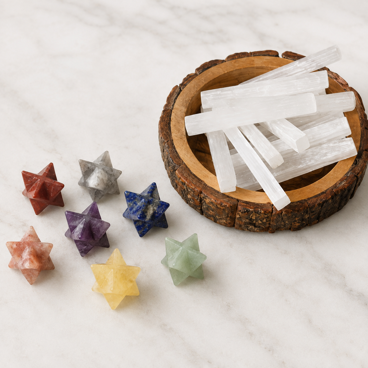 7 Chakra Merkaba Set,  Chakra Crystals Set with Wooden Grid Plate, Selenite Log