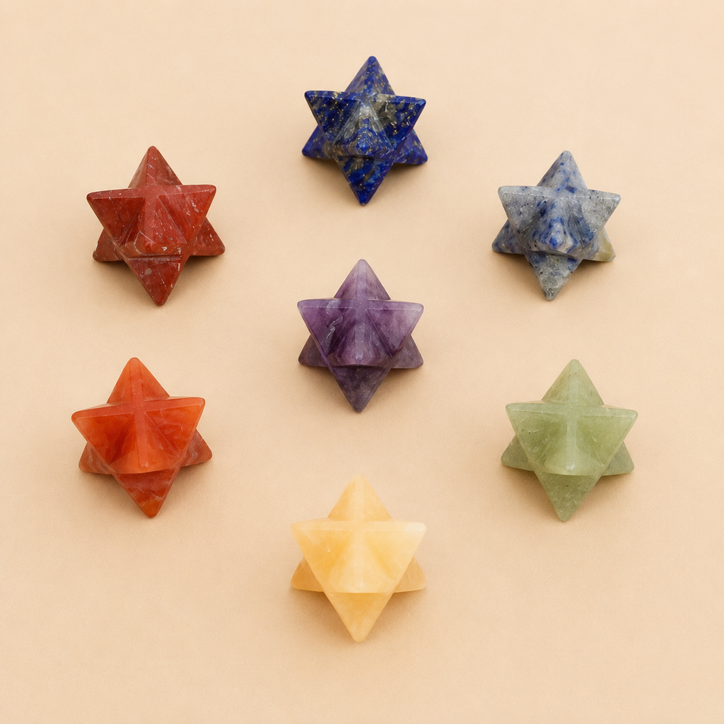 7 Chakra Merkaba Set,  Chakra Crystals Set with Wooden Grid Plate, Selenite Log