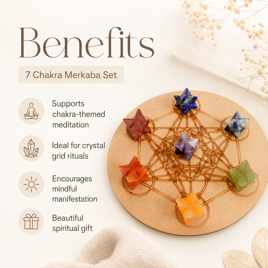 7 Chakra Merkaba Set,  Chakra Crystals Set with Wooden Grid Plate, Selenite Log