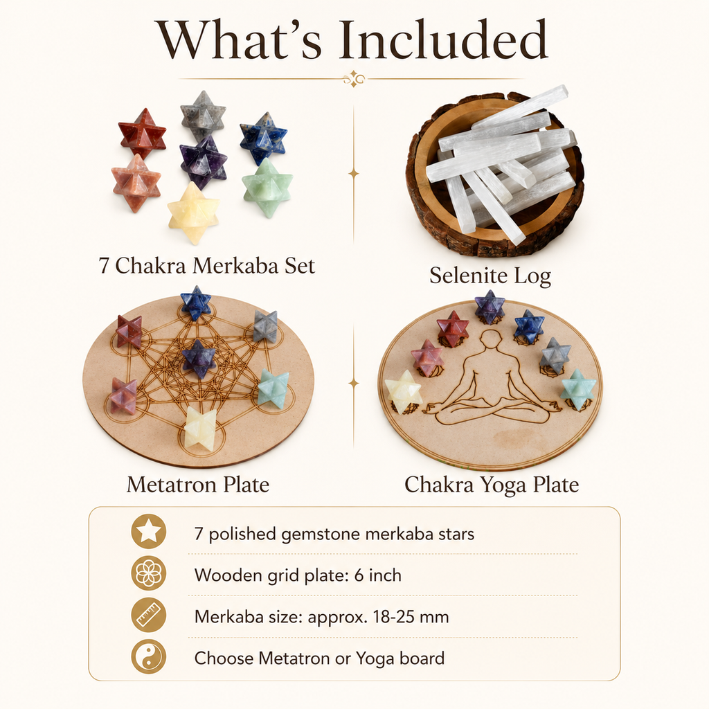 7 Chakra Merkaba Set,  Chakra Crystals Set with Wooden Grid Plate, Selenite Log